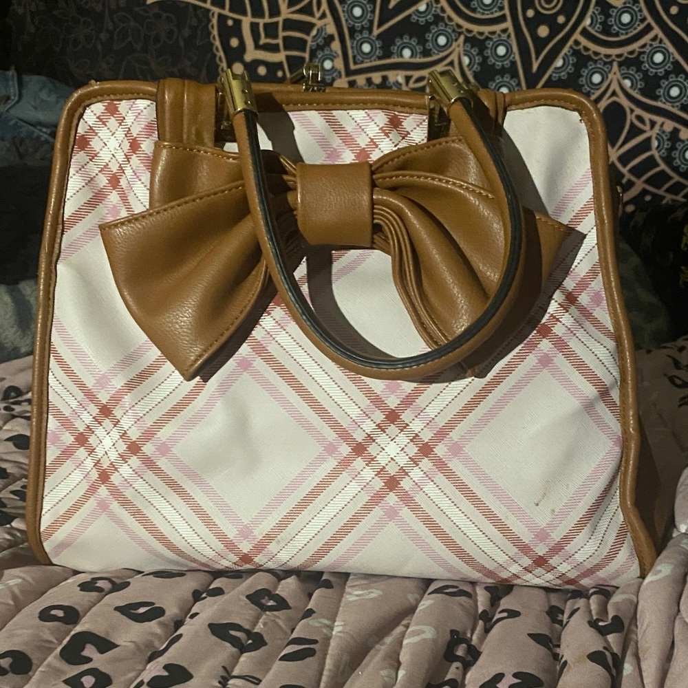 Cato Pink and Brown Plaid Satchel with Bow